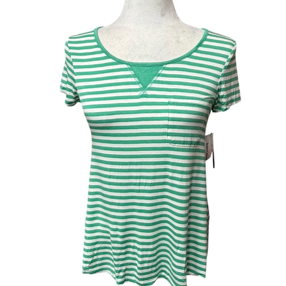 NWT Kensie Green Striped Pocket Tee Short Sleeve V-Stitch Women XS